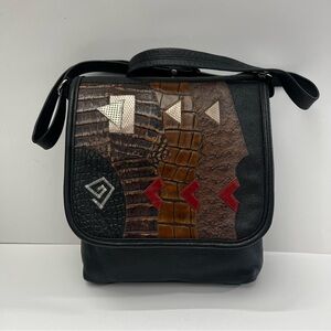 Vintage Patchwork Animal Print Elegant Black and Brown Crossbody Messenger Bag